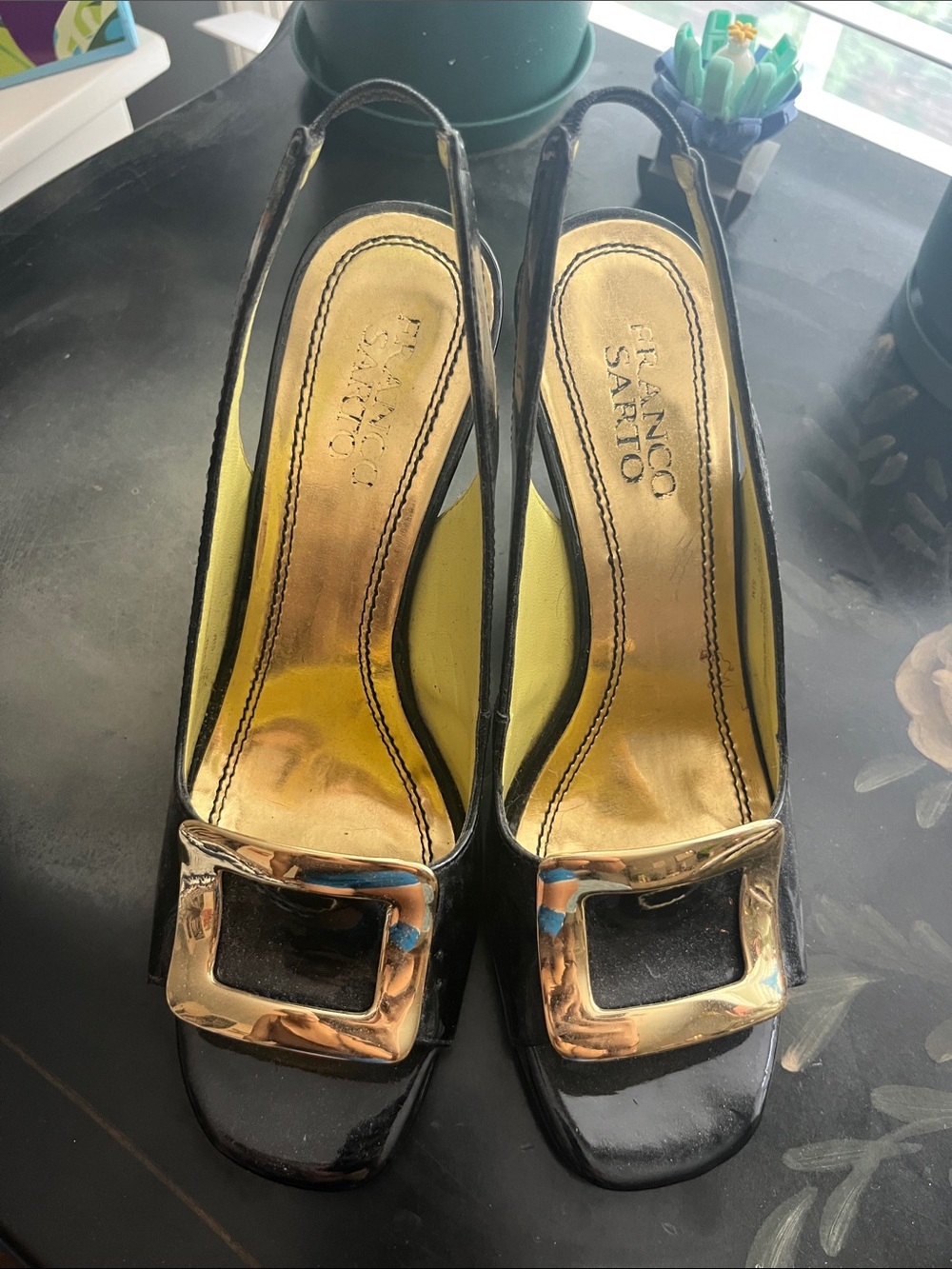 Franco Sarto Black Patent Slingback Pumps with Gold Buckles